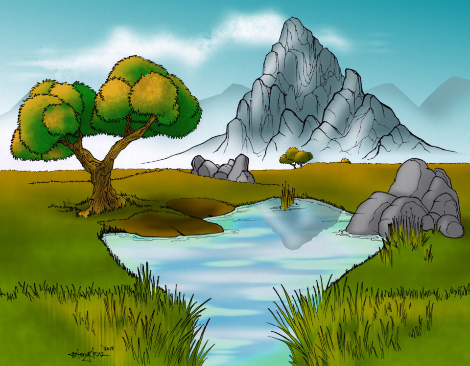 A pond and a tree on a valley