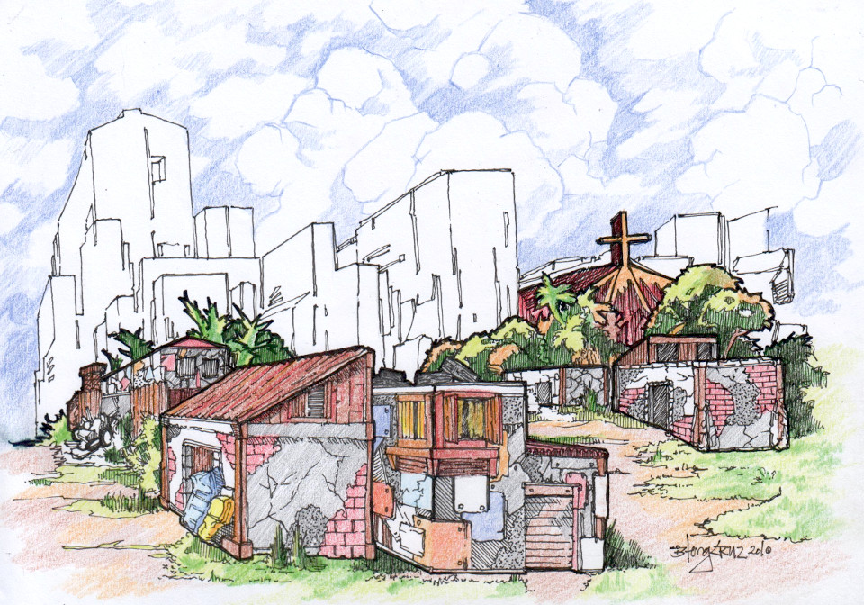 A shanty village amidst urban ruins